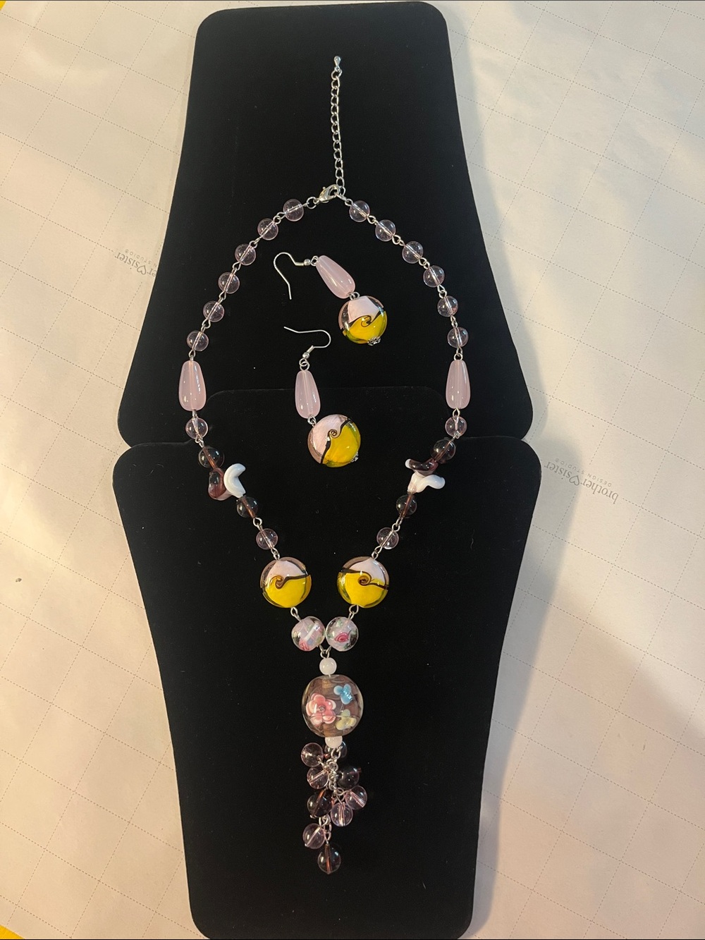 Artisan Pink and Yellow Glass Bead Pendant Necklace / Earrings - Women Jewelry